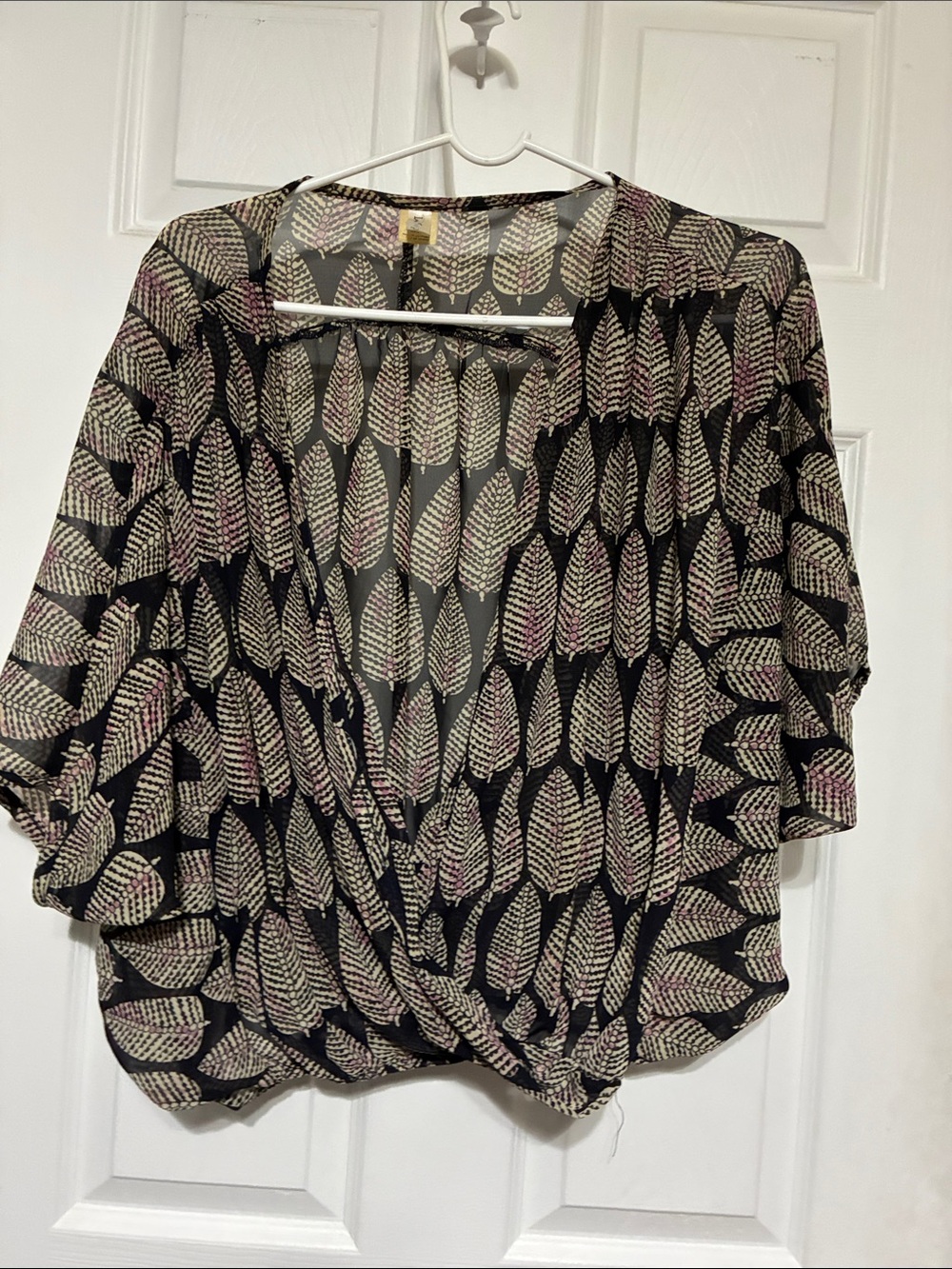 Black Leaf-Print Wrap Blouse with Pink Accents